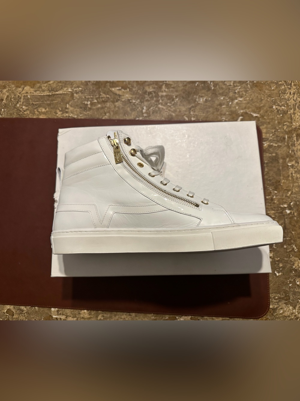 Versace White High-Top Leather Sneakers with Gold Zip